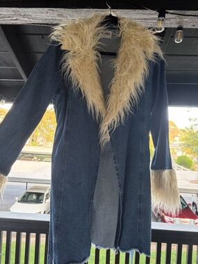 Show Me Your MuMu Denim Long Coat with Cream Faux Fur Trim